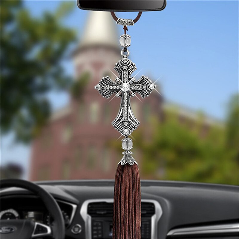 Pendentif de voiture en diamant en métal et cristal, croix de jésus, chrétien, rétroviseur, accessoires de style, décoration automobile