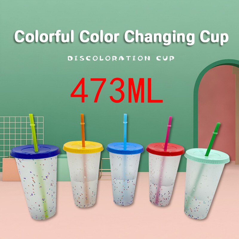 700ML PP Temperatur Magische Farbe Ändern Tassen Bunte Kalten Wasser Farbwechsel Kaffee Tasse Becher Wasser Flaschen Mit Strohhalme 5 stücke: 5pcs 473ML