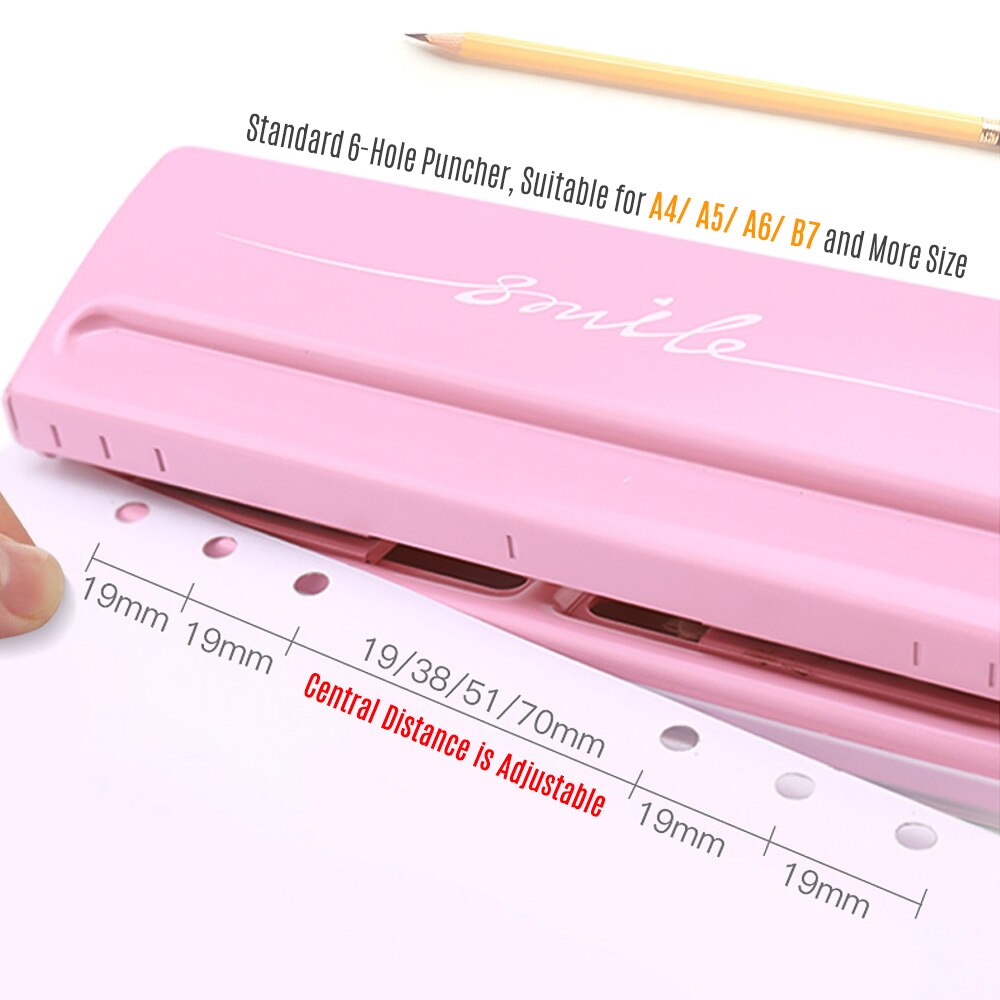Adjustable 6-Hole Desktop Punch Puncher for A4 A5 A6 B7 Dairy Planner Organizer Six Ring Binder with 6 Sheet Capacity