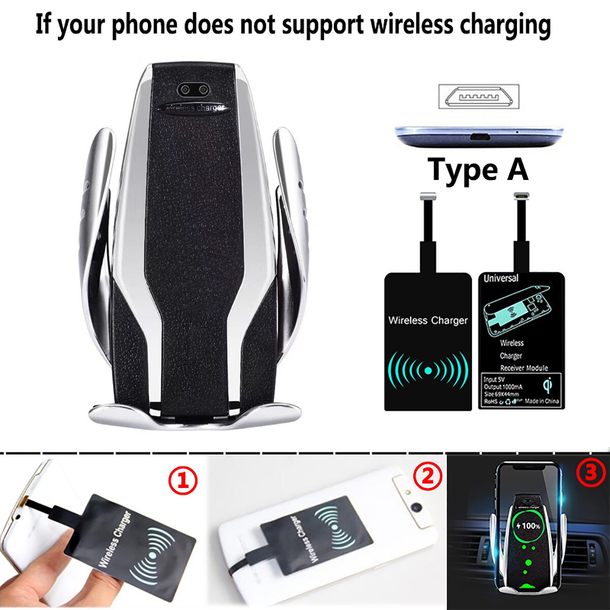 Qi Automatic Clamping Car Phone Holder Fast 10W Wireless Charging Car Charger Holder Mount Air Vent for iPhone X Max XR Samsung: Silver For Android A