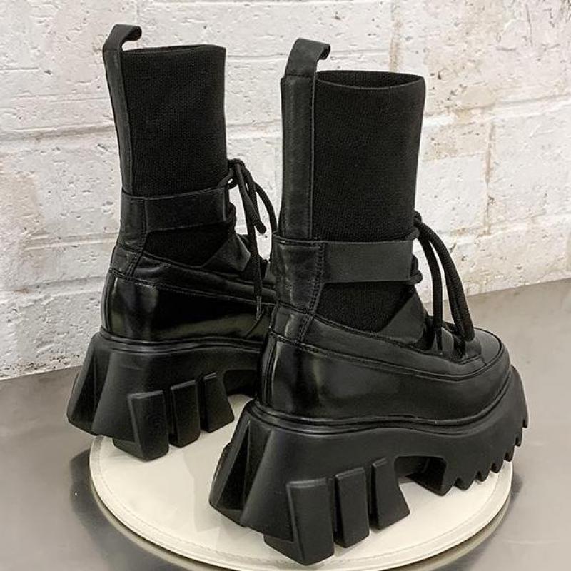 Botas cortas negras de otoño e invierno, nuevos zapatos para mujer, botas de plataforma INS para mujer, tela elástica de tacones gruesos