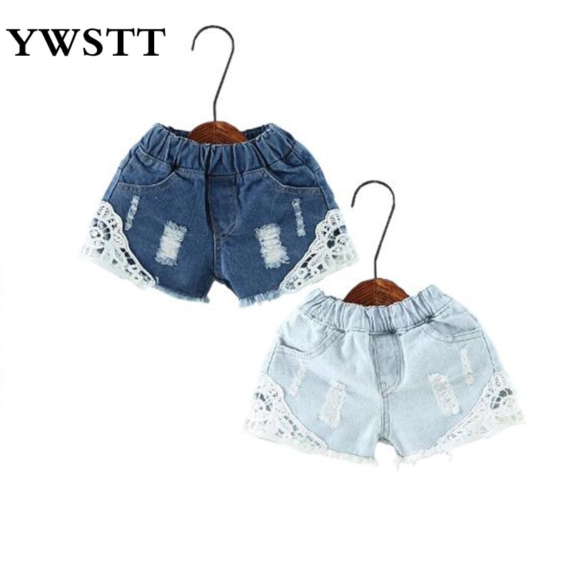 Summer Korean girls lace hole jeans shorts Cowboy Kids Girls Cute Shorts Jeans Short Lace Pocket Denim Shorts children 2-12Y