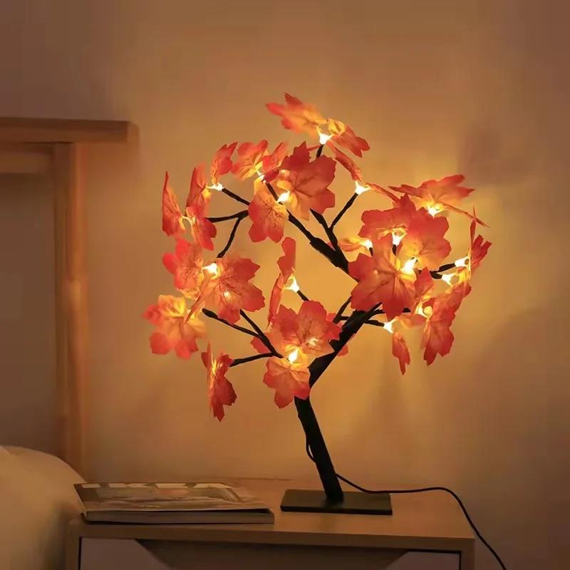 24 LED hoja de arce Hada luz flor árbol lámpara de mesa Rosa luz de noche USB operado para boda decoración de Halloween
