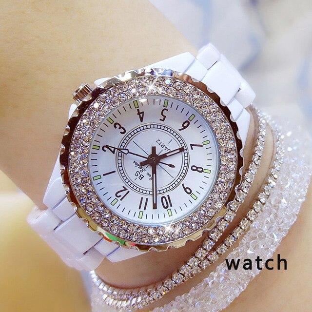 Bs Ceramic Watch Women Famous Brand Dress Female Wristwatch White Women Wrist Watches Rhinestone Clock: white