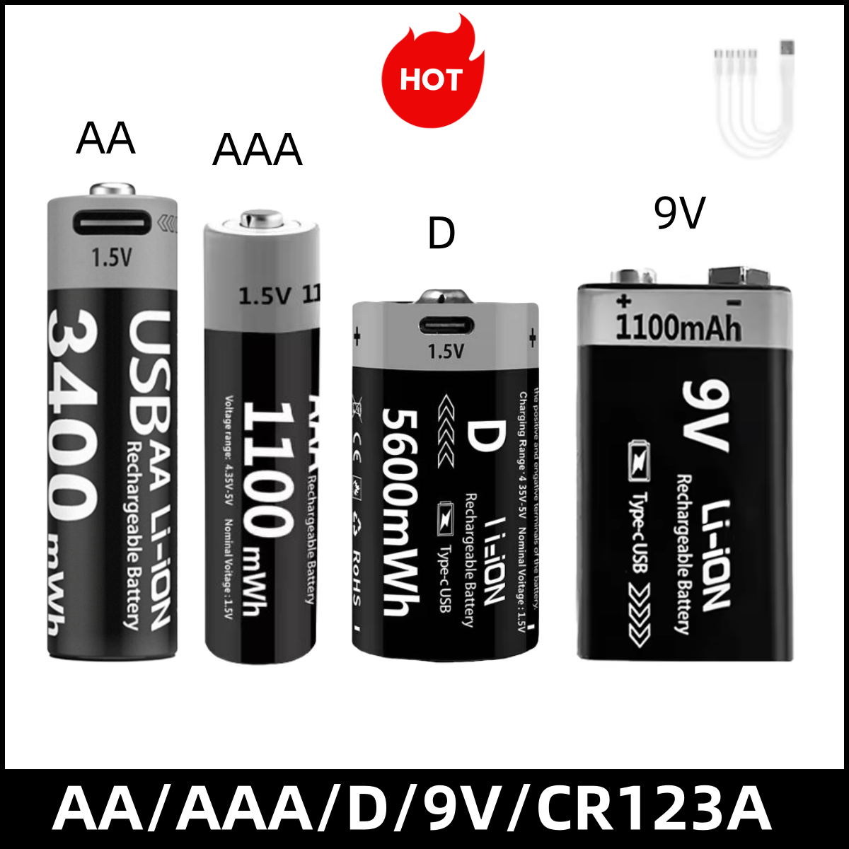 High capacity AAA and AA Rechargeable Batteries USB Lithium-ion 3400mWh 1.5V AA Rechargeable Batteries+1100mWh 1.5V AAA Battery