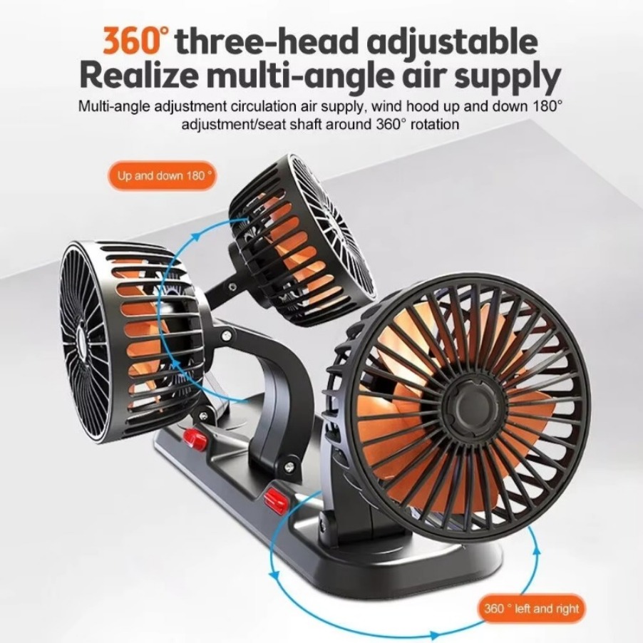 Autoventilator 360° ° Einstellbarer 3-Kopf-Luftventilator, elektrischer Kfz-Ventilator, USB/12 V/24 V, 2 Geschwindigkeiten, leiser Auto-Ventilator für Zuhause, Schreibtisch, Büro und Auto
