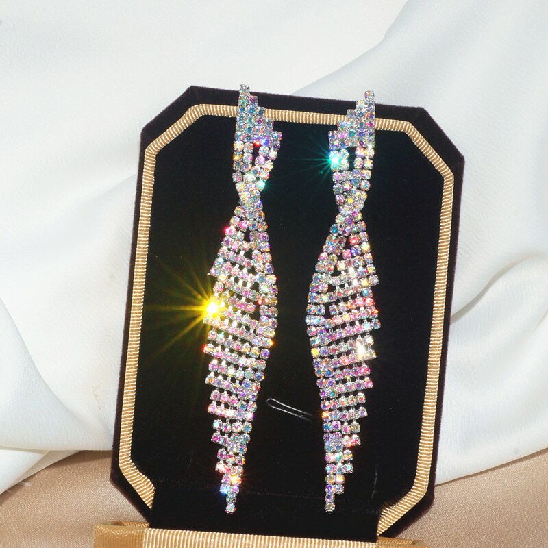 Brincos femininos com pingente de borla longa, luxuosos, coloridos, cristal strass, para noiva, joias para casamento, 2020