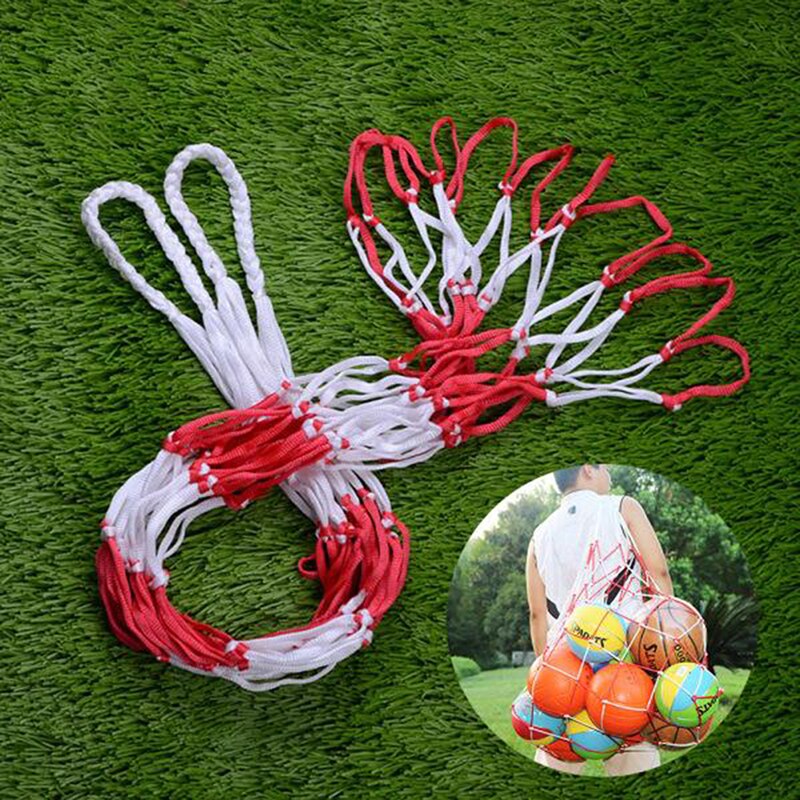Outdoor-basketballkörbe, fußball- und volleyballkörbe, große, rot-weiße, geflochtene nylon-netztasche, sportzubehör