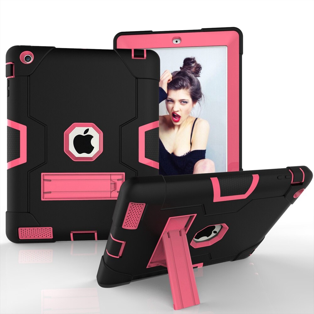 For Apple iPad 2 3 4 A1458 A1459 A1460 A1416 A1397 Case Shockproof Kids Safe PC Silicon Hybrid Stand Full Body Tablet Cover: Black - Rose Red