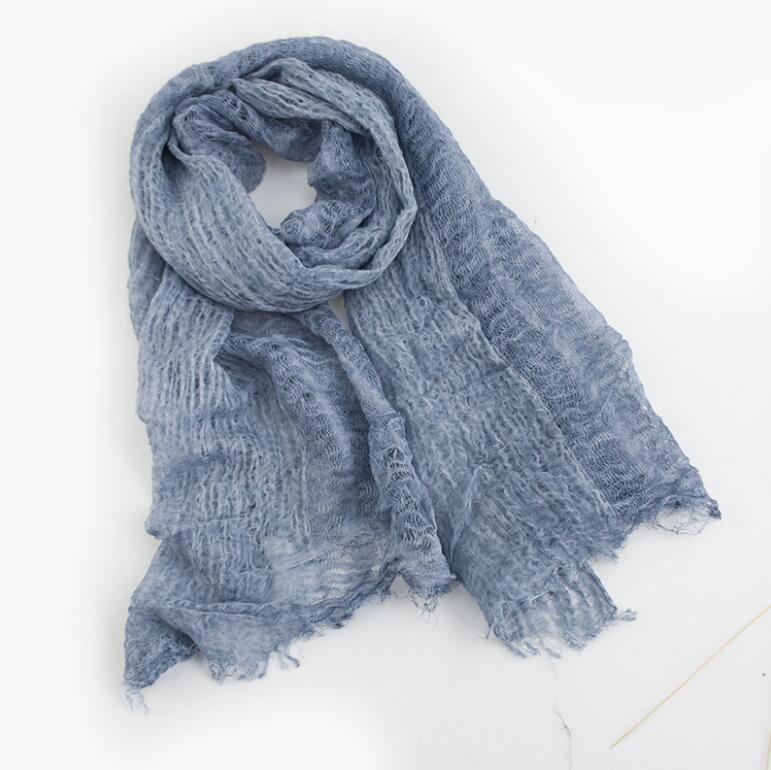 Luxe Solid Real Linnen Zomer Rimpel Zijden Sjaal Vrouwen Shawl Lange Soft Wrap M201: Denim Blue
