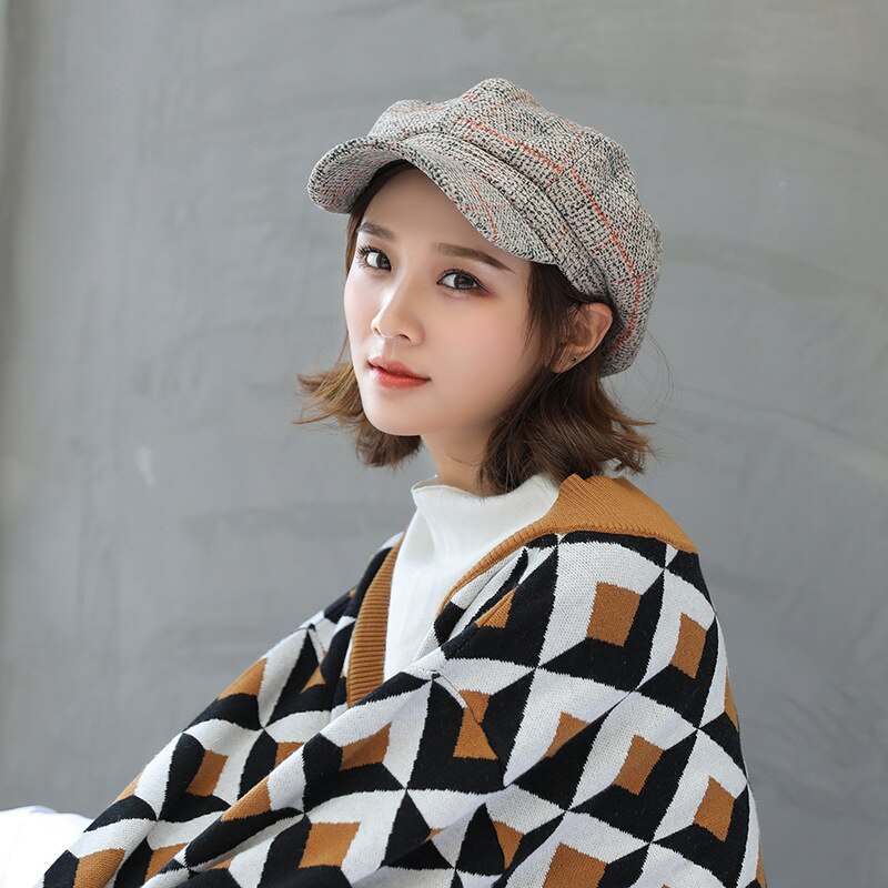 CANZE Autumn Winter Women Octagonal Hat British Beret Korean Japanese Peaked Cap Beret Hat: Apricot