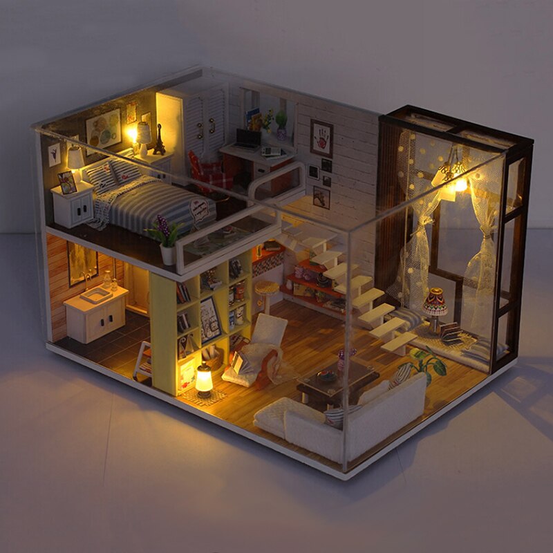 Diy Houten Poppenhuis Speelgoed Poppenhuis Miniatuur Monteren Kit Met Led Meubels Handwerk Miniatuur Poppenhuis Eenvoudige Stad Model