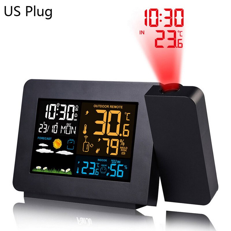 LED Alarm Projektion Uhr Thermometer Hygrometer kabellos Wetter Bahnhof Digital Uhr Schlummern Pult Tabelle Projekt Radio Uhr: uns Stecker