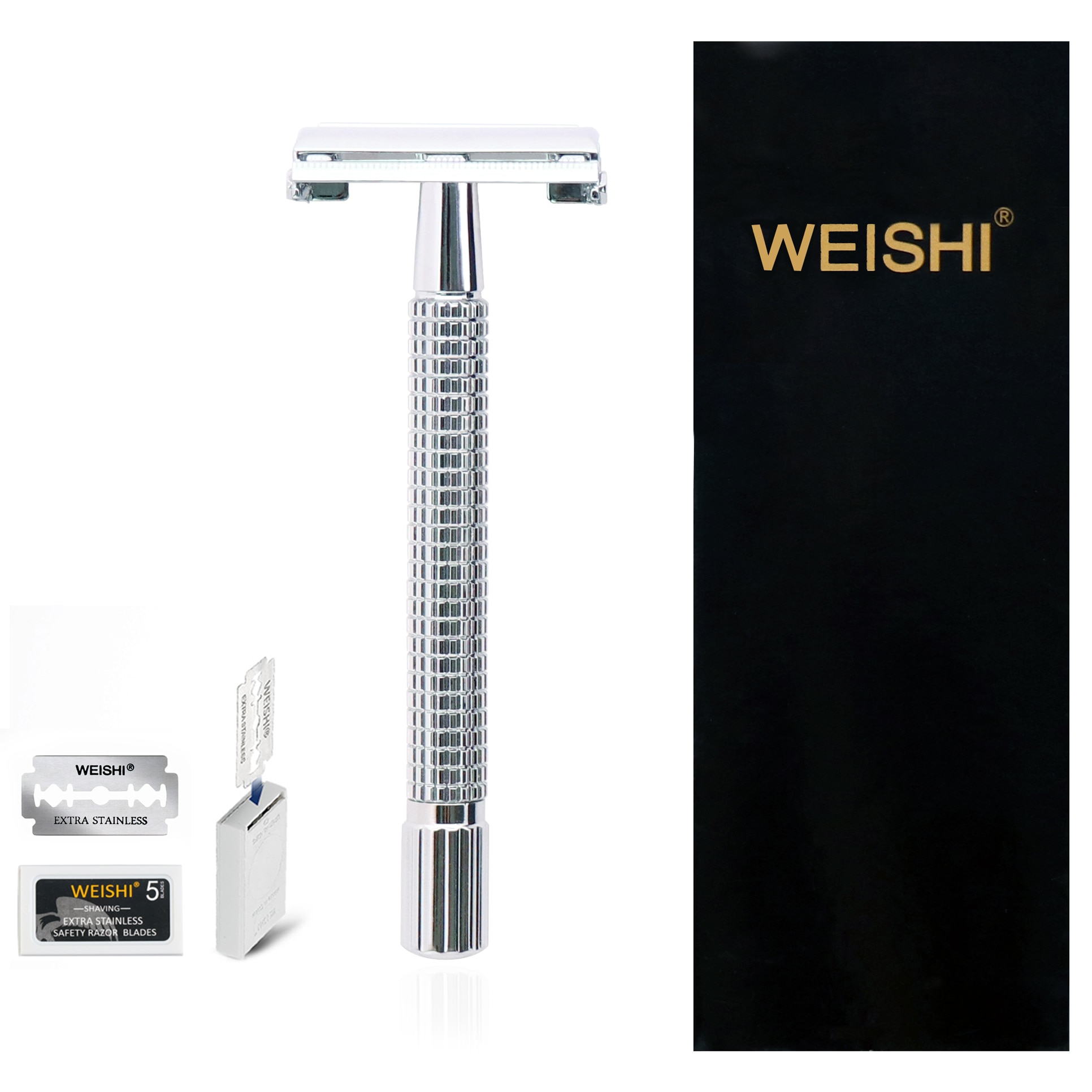 WEISHI Chrome Long Handle Butterfly Open Double Edge Safety Reusable Razor with 5 WEISHI Stainless Blades