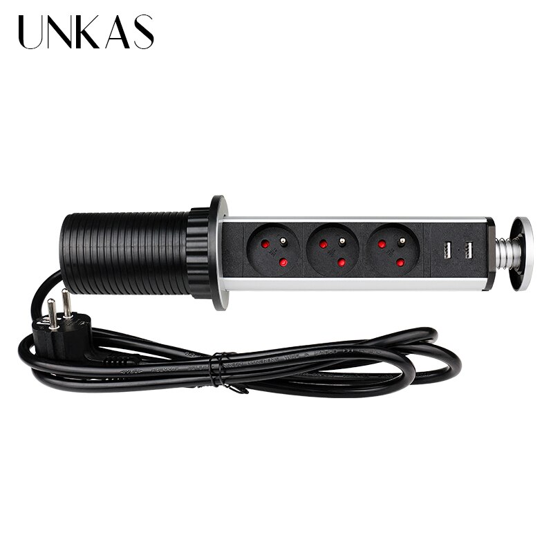 UNKAS 16A PULL POP UP 3 Power EU Socket Port Kitchen Table Desktop Sockets Retractable Countertops French Plug