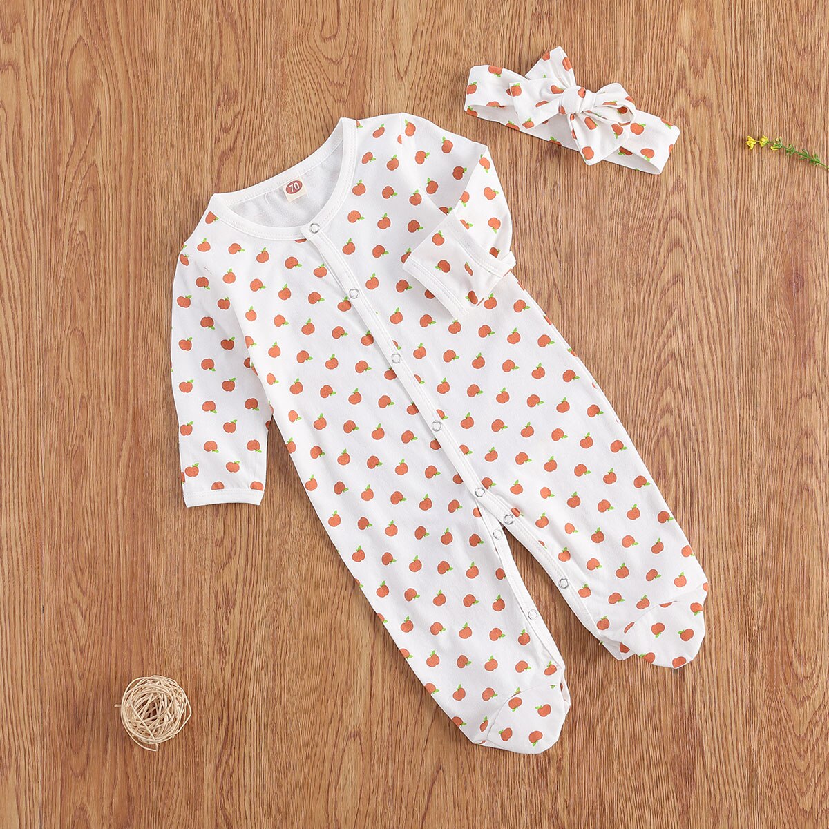 0-12M Pasgeboren Baby Baby Meisjes Jongens Katoen Voet Cover Footies Bloem Apple Lange Mouwen Jumpsuit Lente Herfst speelpakje Hoofdband