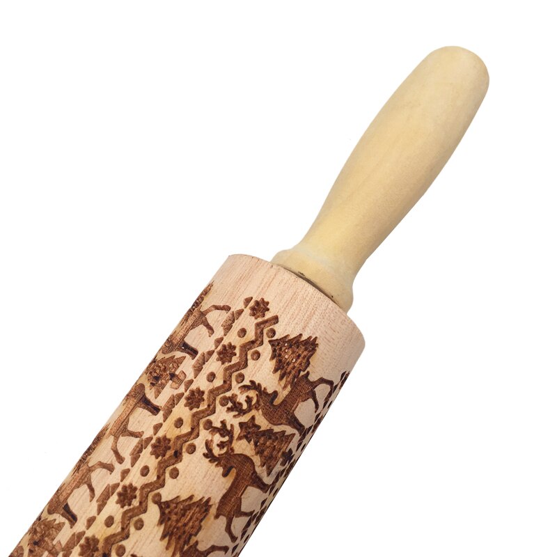 Kerst Embossing Rolling Pin Koekjes Bakken Noodle Biscuit Fondant Taart Deeg Gegraveerde Roller Rendier Houten Deegroller