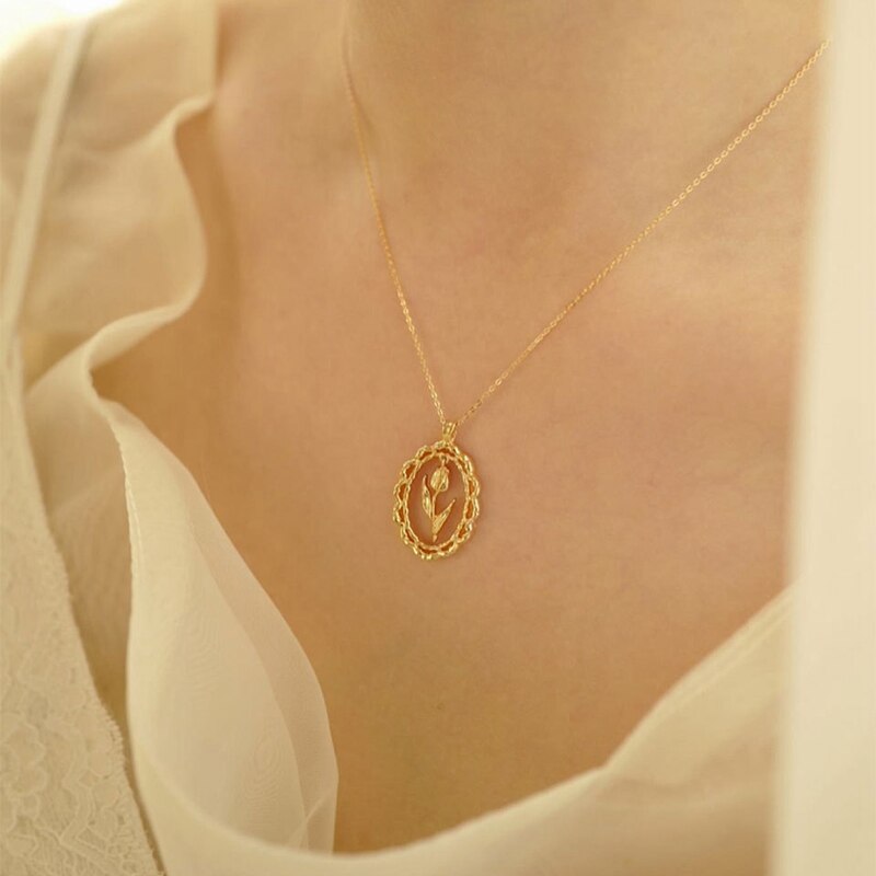 Collar de plata de ley 925 de plata de ley plateada con forma de flor de tulipán, collar de oro y para mujer, joyería de cumpleaños