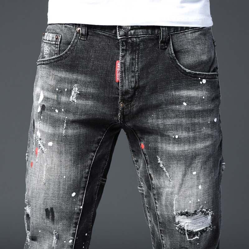 Skinny jeans mænd revet jeans til elastisk maling slanke bukser herretøj hip hop streetwear forår efterår dybgrå