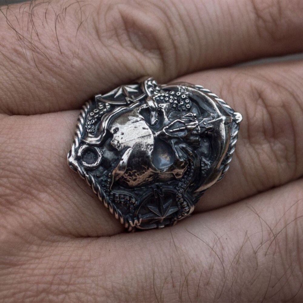 Vintage Mannen Anker Ring Unieke Piraat Octopus Anker Adsorptie Kompas Stijl Punk Motorcycle Bike Charm Ring