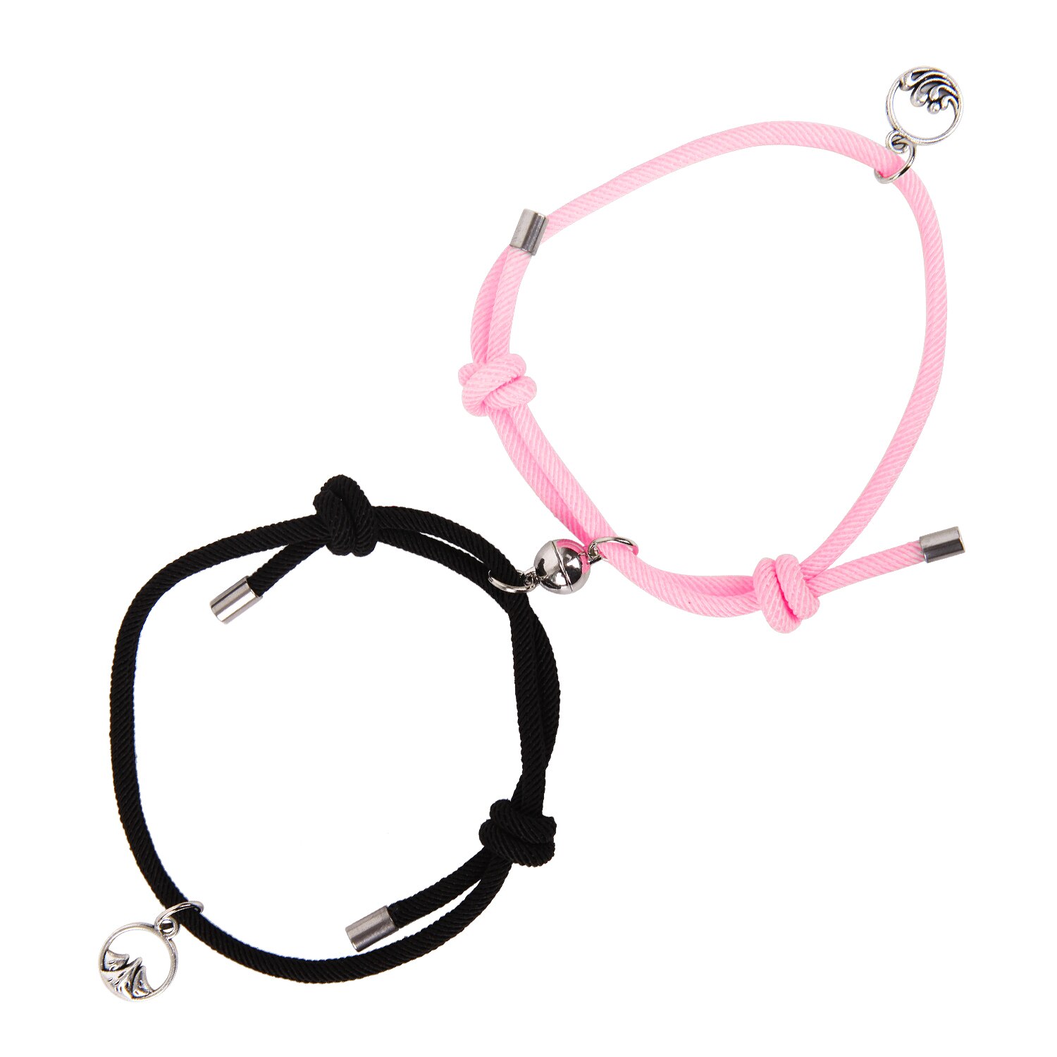 2Pcs/Set Steel O-Shaped Magnet Adjustable Bracelet for Couple Stainless Steel Charm Attractive Men and Women Valentine'Day: pink black