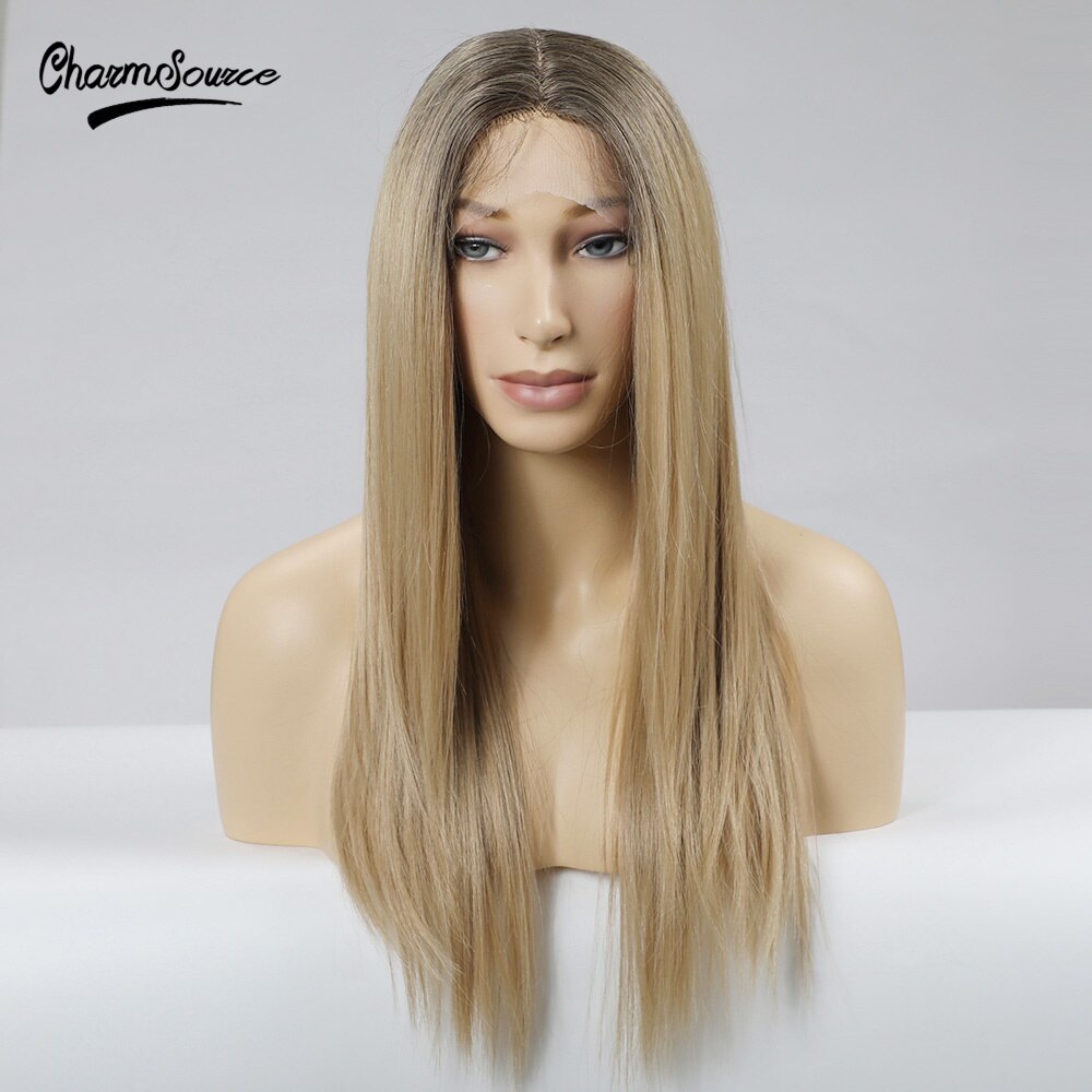 CharmSource Long Brown Root Ombre Blonde Wig Straight Lace Part Synthetic Wigs for Women Daily Hair High Density Heat Resistant