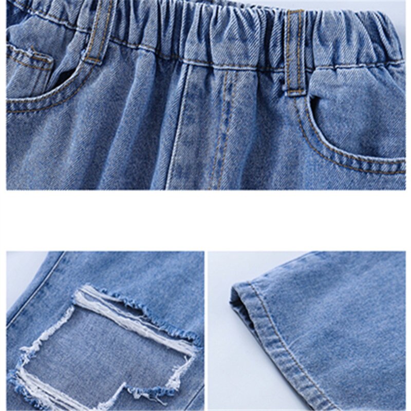 New Teen Girl Fashion pantaloni strappati in Denim con foro in cotone 2021 estate bambini colore blu vita alta Jeans larghi alla caviglia