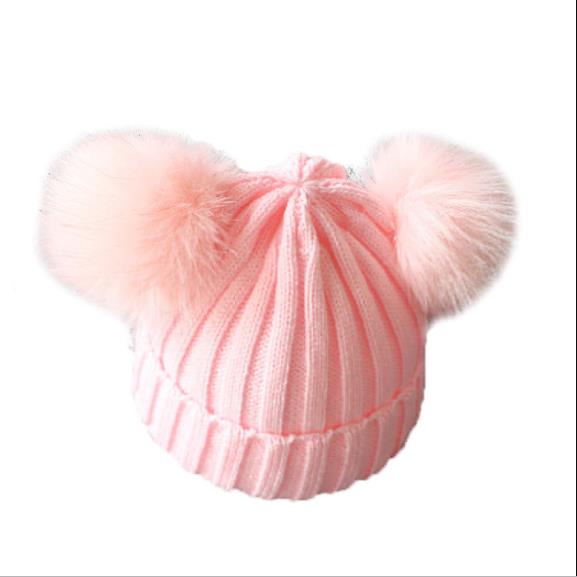 Baby pige dreng børn søde beanies solidstrikket bobble hat dobbelt pom pom vinter varm hæklet elastisk masse: Lyserød