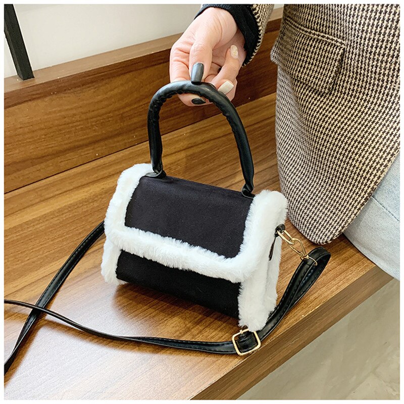 2020 nowe panie PU przekątna mała torba kwadratowa moda okładka typu pluszowa dekoracyjna torebka na wszystkie mecze torba damska na jedno ramię: czarny