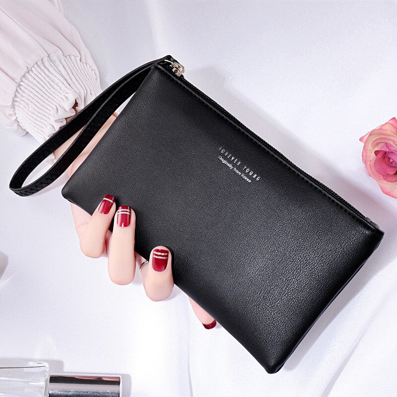 Women Wallet Long Zipper Clutch Hand Bag Mobile Phone Bag Card Holder Coin Purse Thin Wallet: Black