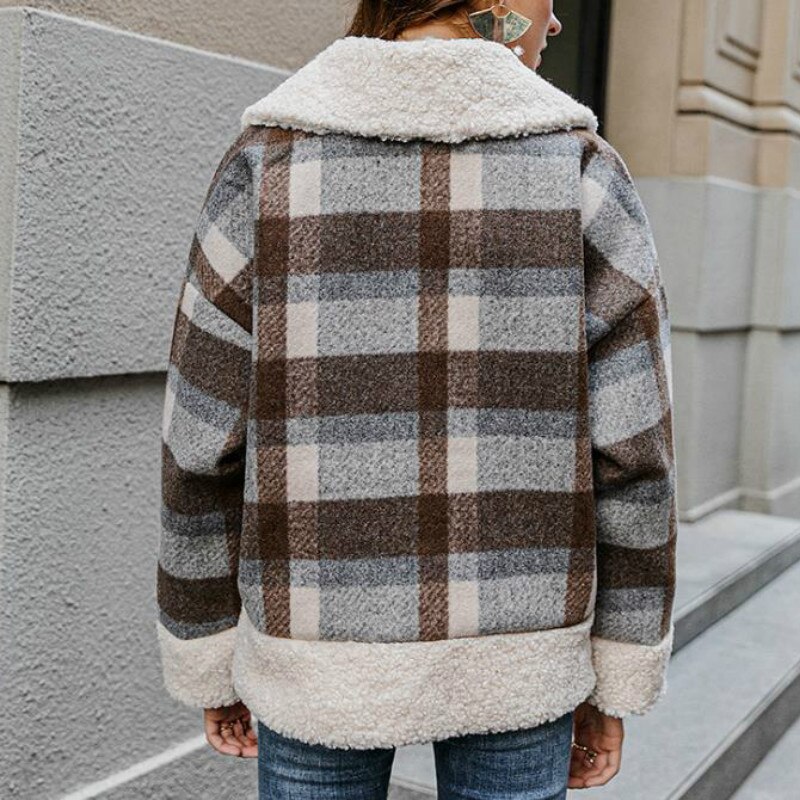 Chaqueta Vintage a cuadros para mujer, abrigo de lana de oveja grueso, cálido, informal, Polar holgado, abrigos con bolsillo, primavera y otoño,