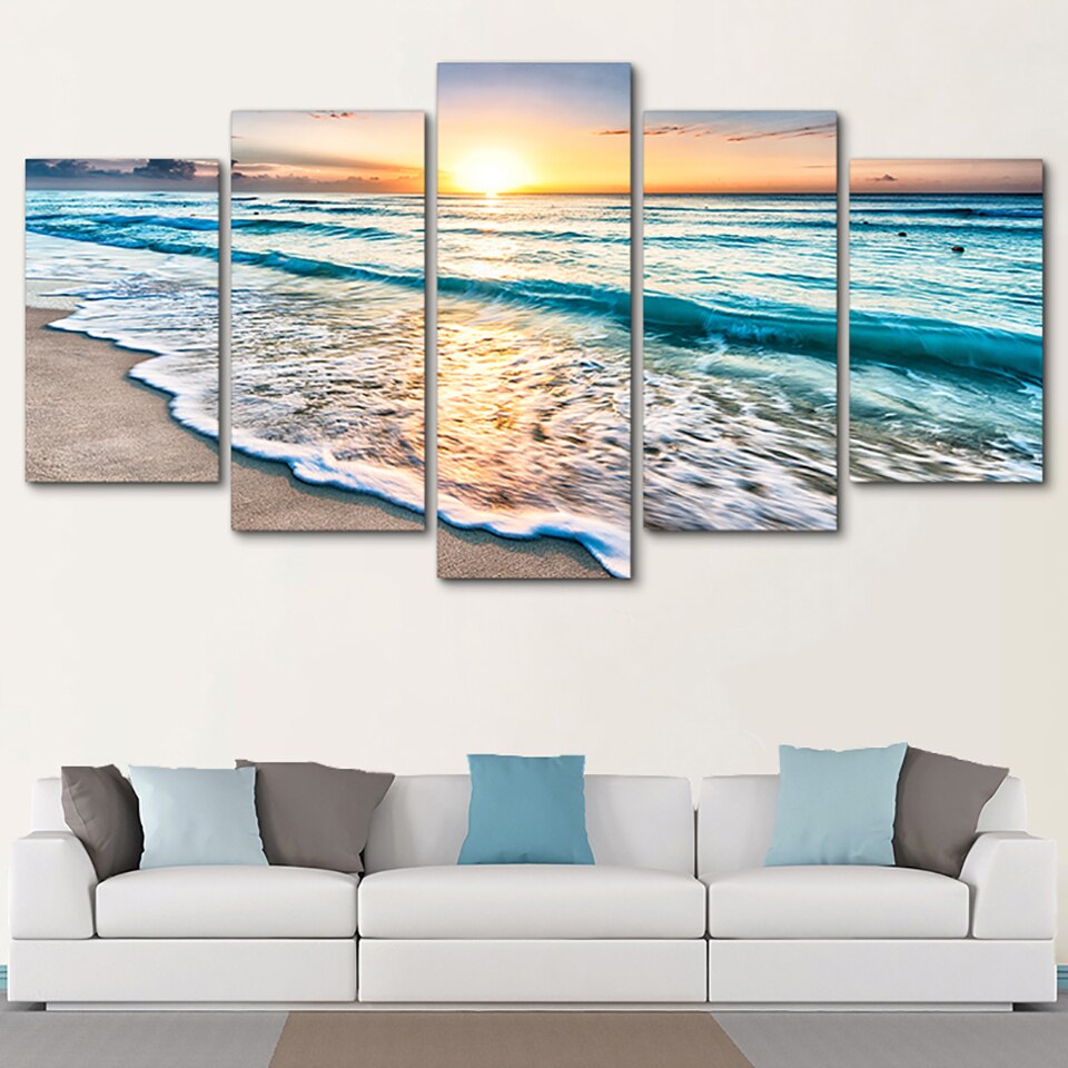 Tableau Wall Art HD Stampa Dipinti Manifesti Modulare Quadri Su Tela 5 Pannello Onde Sulla Spiaggia Al Tramonto Paesaggio Marino Decorazioni Per La Casa moderno