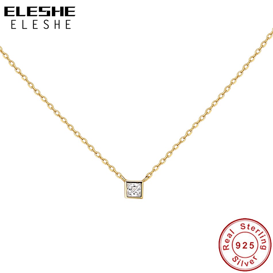 Eleshe 925 Sterling Zilver Kleine Vierkante Diamanten Hanger Ketting 18K Gold Plating Ketting Voor Vrouwen Mode Shiny Sieraden