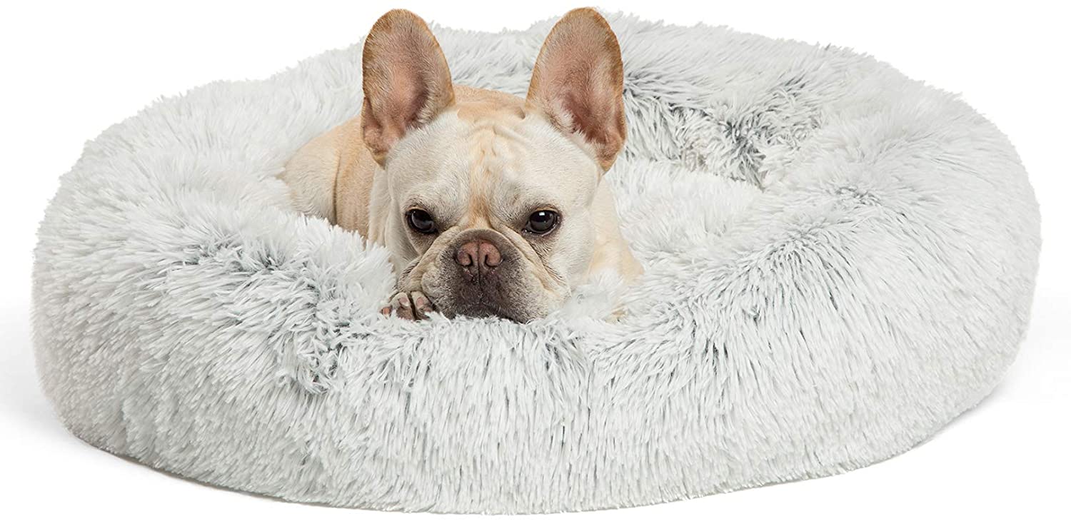 Lit Donut calmant pour chat et chien, en fourrure à poils longs, dimensions et valeur de lot pour animaux domestiques jusqu'à 150 livres, lavable en Machine: WHITE / Small 23 inches