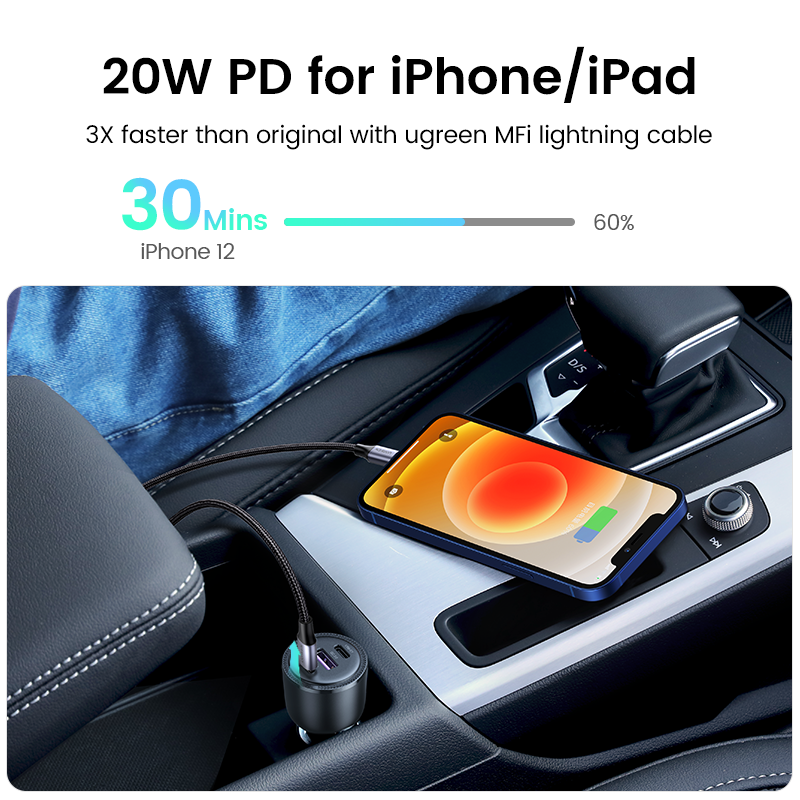 UGREEN 69W Car Charger USB Type C Dual Port PD QC Fast Charging For Laptop Car Phone Charger For iPhone 13 12 Pro Samsung Xiaomi