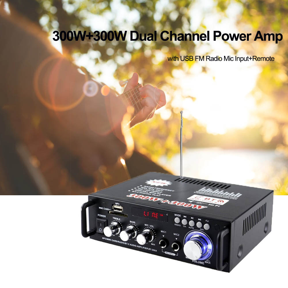 12V/220V BT-298A 2CH LCD Display 300W+300W EU Plug HIFI Audio Stereo Power Amplifier Bluetooth-compatible FM Radio with Remote