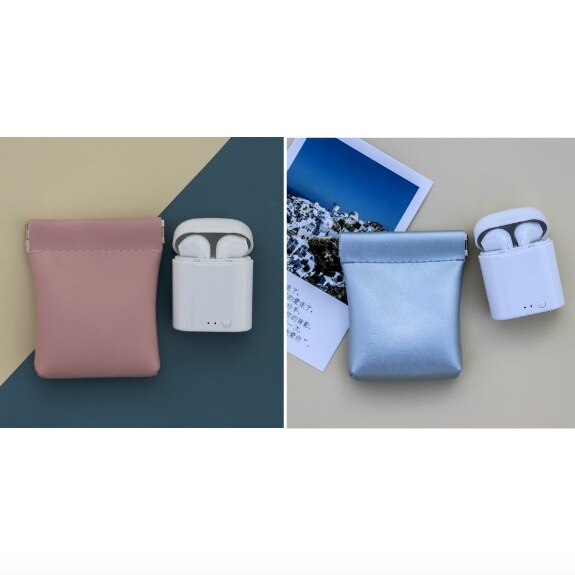 Earbuds USB Pouch Solid Pu Leather Coin Purse Small Wallet Earphone Organized Bag Card Holder for Women Men: 1 pink 1 blue