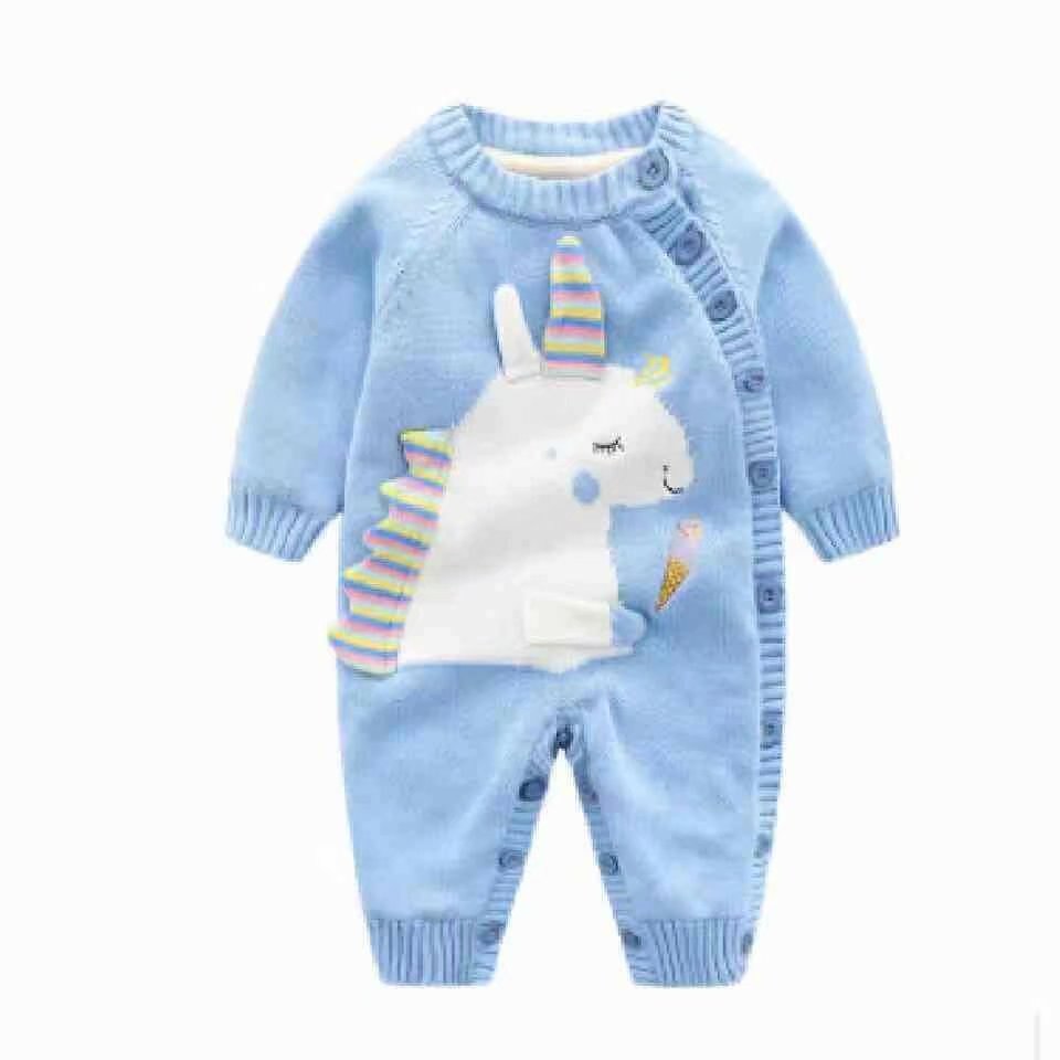 Babykleding in winterstijl, geborsteld en dik, superzacht, van katoendraad, gemaakt van een stuk, in een rompertje, gemaakt van een mannelijk en vrouwelijk model, om te kruipen: Eenhoornblauw