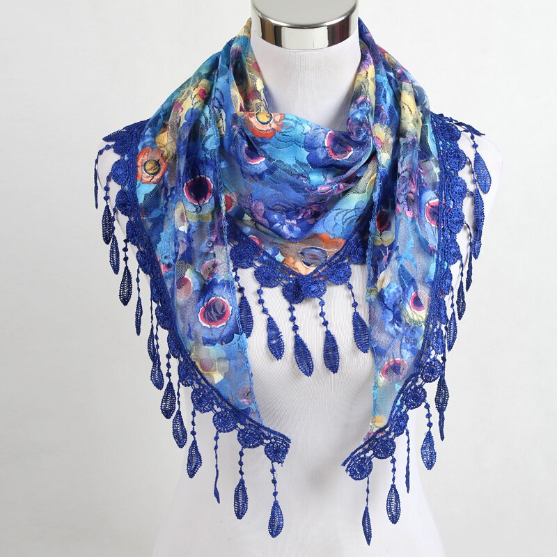 Women Triangle Scarf Lace Floral Summer Beach Tassel Scarves Chiffon Silk Wrap Pashmina Stole Foulard Hijab SJJ02