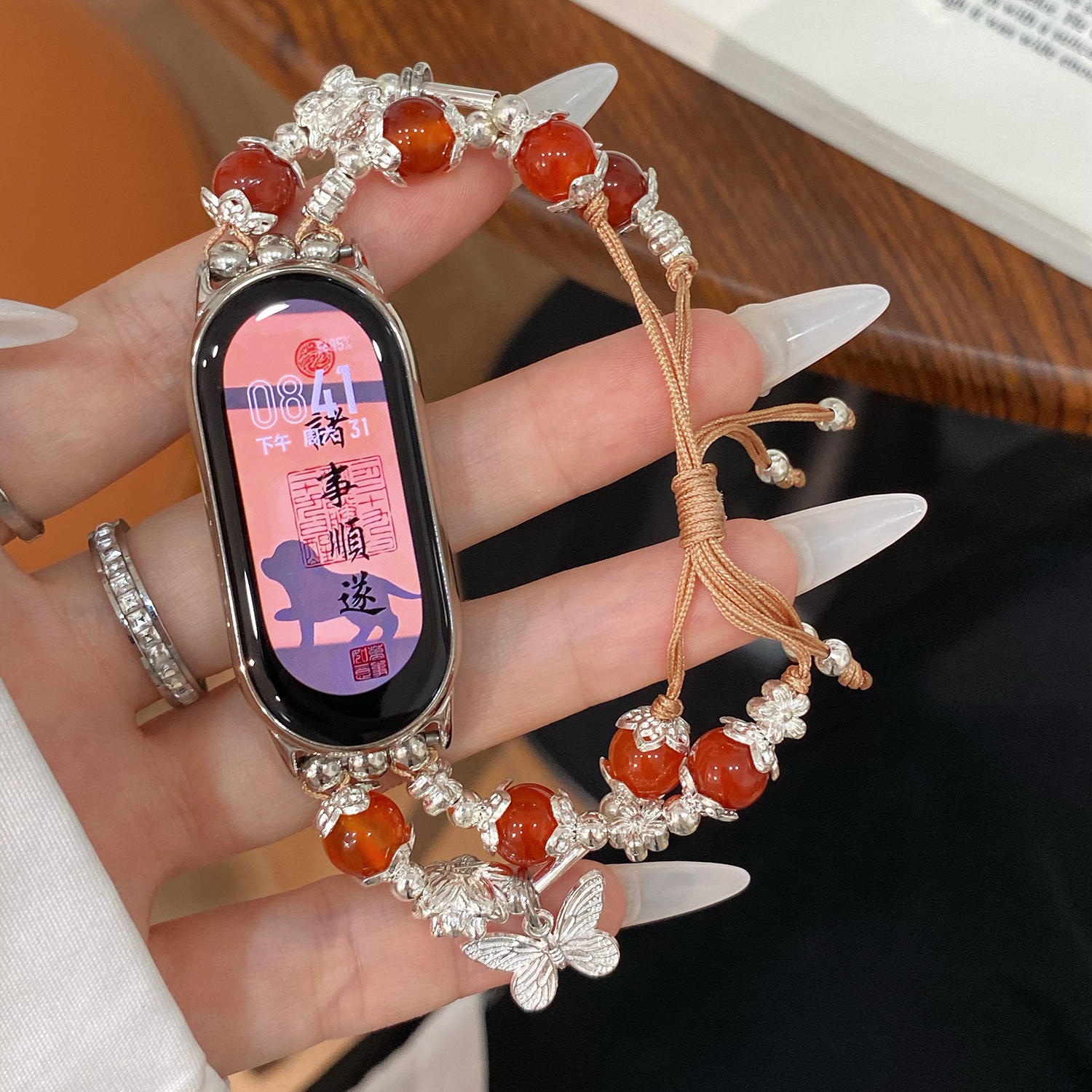 For xiaomi mi Band 8 straps Mi3 4 6 5 7 Model transparent PC watch frame Chinese bow beaded strap Mi8 9 Metal connector: M / Silver