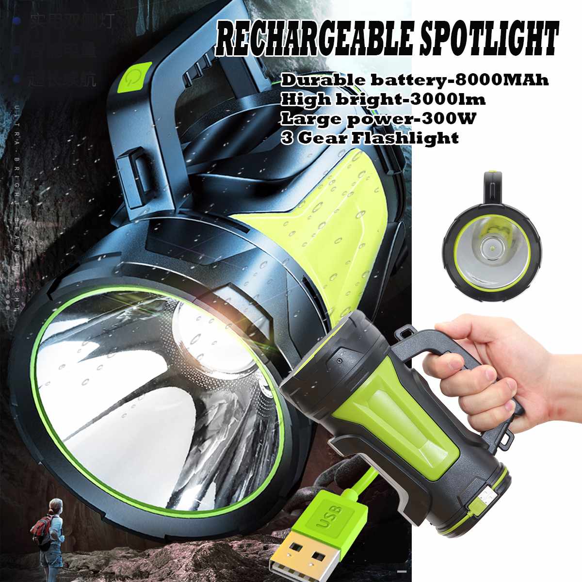 Foco portátil de mano de 200/300/500W, reflector LED recargable con USB incorporado, linterna, foco impermeable