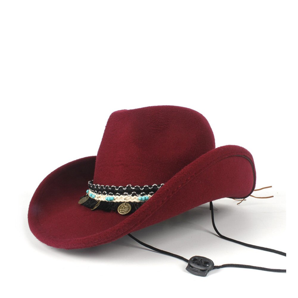 Kvinder kvast uld hule vestlige cowboy hat roll-up brim lady outblack sombrero hombre jazz cap vind reb størrelse 56-58cm: Rødvin