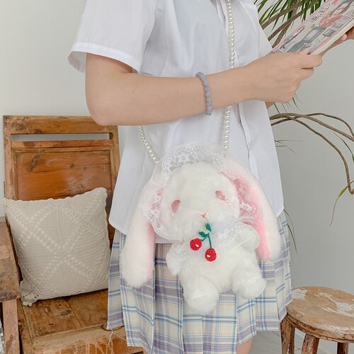 Bolso de conejo japonés Lolita para chica joven, bandolera suave con cadena de perlas, billetera: Pink Eye