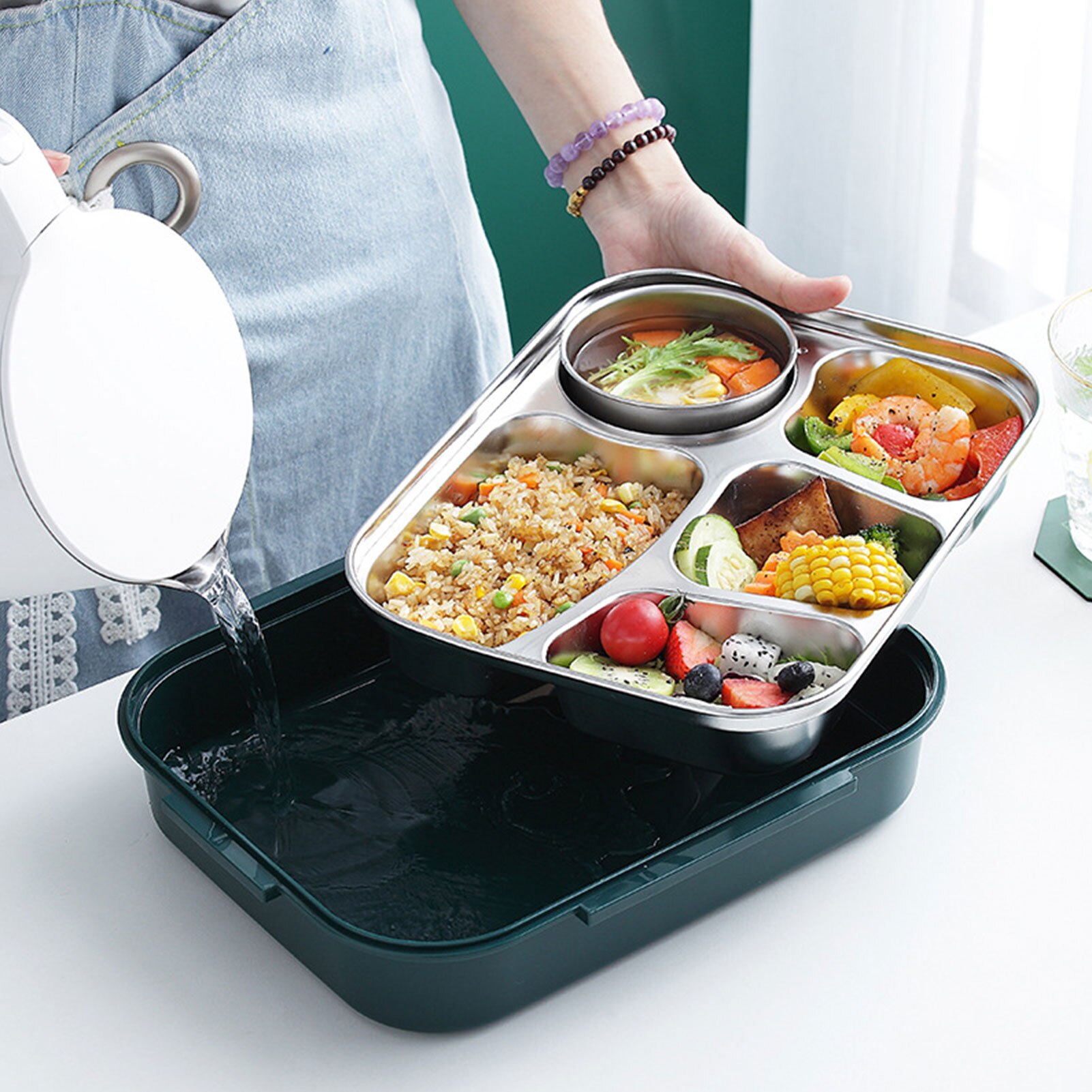 Portable Large 4 Compartments 304 Stainless Steel Office School Food Storage Bento Insulated Lunch Box