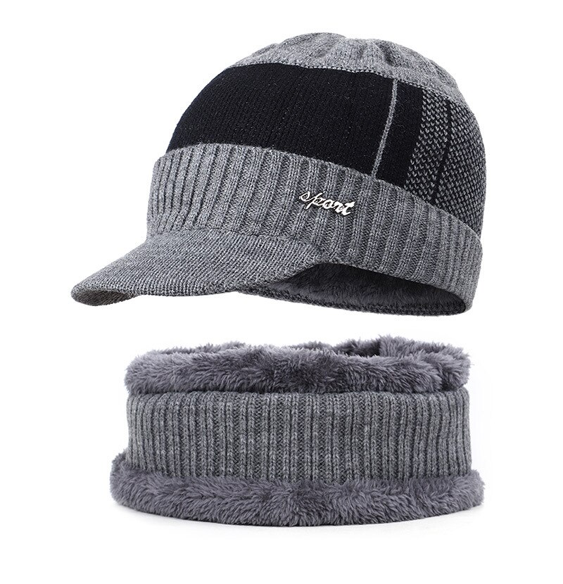 Mænd unisex sport vinter varm hat strikket visir beanie fleece foret næbshue med brim cap: Grå