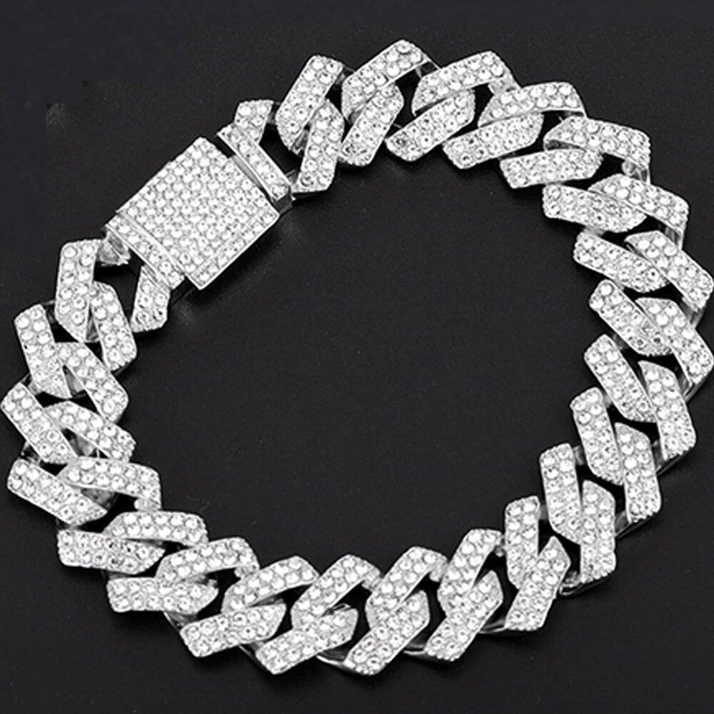 Iced Out Cubaanse Ketting Armband Hip Hop Sieraden Gouden Ketting Silver Rhinestone Cz Sluiting Voor Mens Rapper Bedelarmband Vrouwen links: SILVER