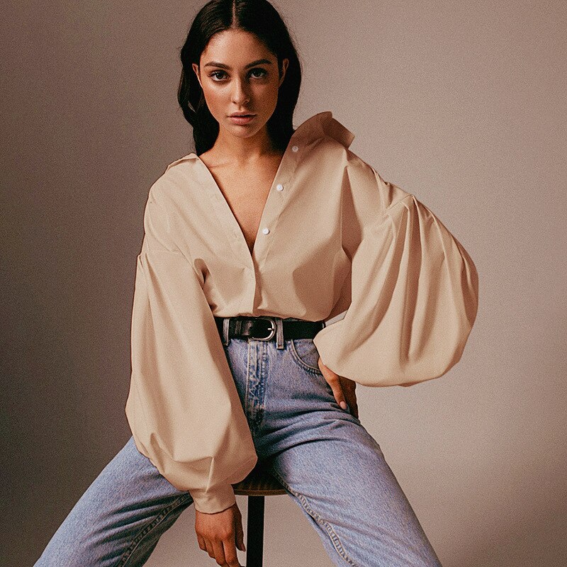 Aonibeier Lady Shirt Exaggerated Lantern Sleeve Button Front Women Casual Blouses Spring Autumn Loose White Shirts Tops: Khaki / L