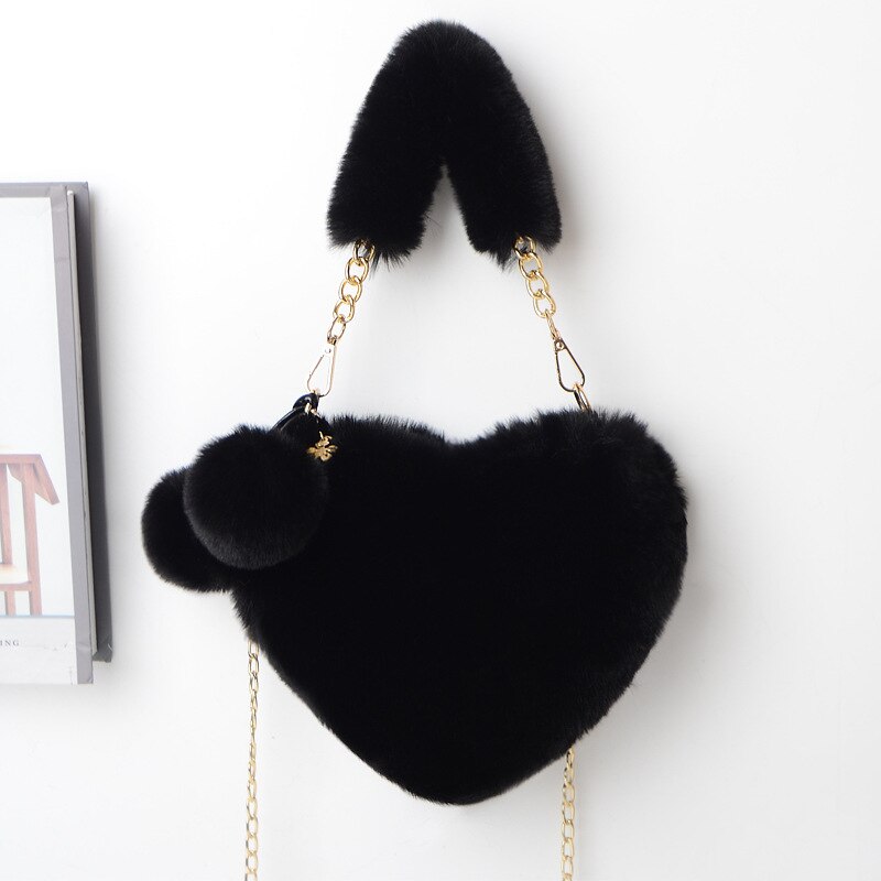 Faux Fur Women Handbags Heart Shaped Shoulder Bag Female Clutch Purse Chain Messenger Bag Plush Shoulder Crossbody Bag: black