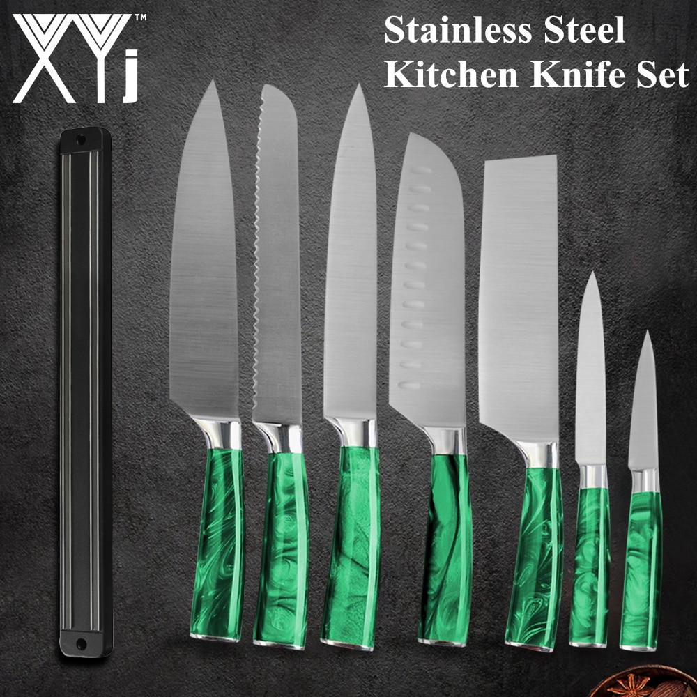 XYj-Juego de cuchillos de cocina de acero inoxidable, juego de cuchillos con Mango Verde de 8 pulgadas, Santoku, cortador de pan de Chef, rebanador chino 3CR13