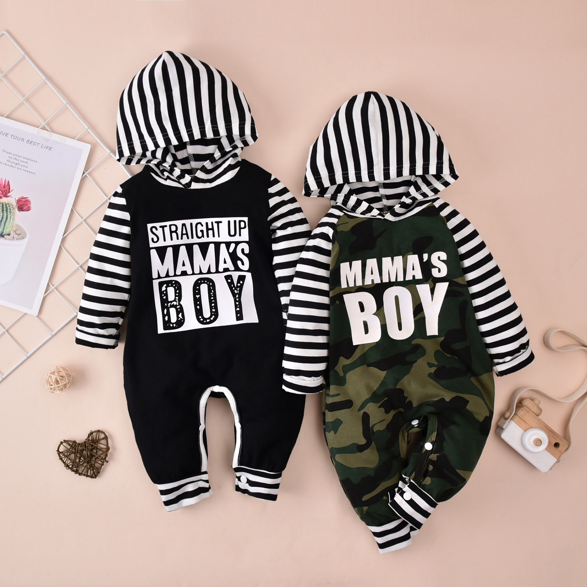 FOCUSNORM 0-12M Newborn Baby Boys Rompers Striped Letter Camouflage Print Long Sleeve Jumpsuits 2 Style